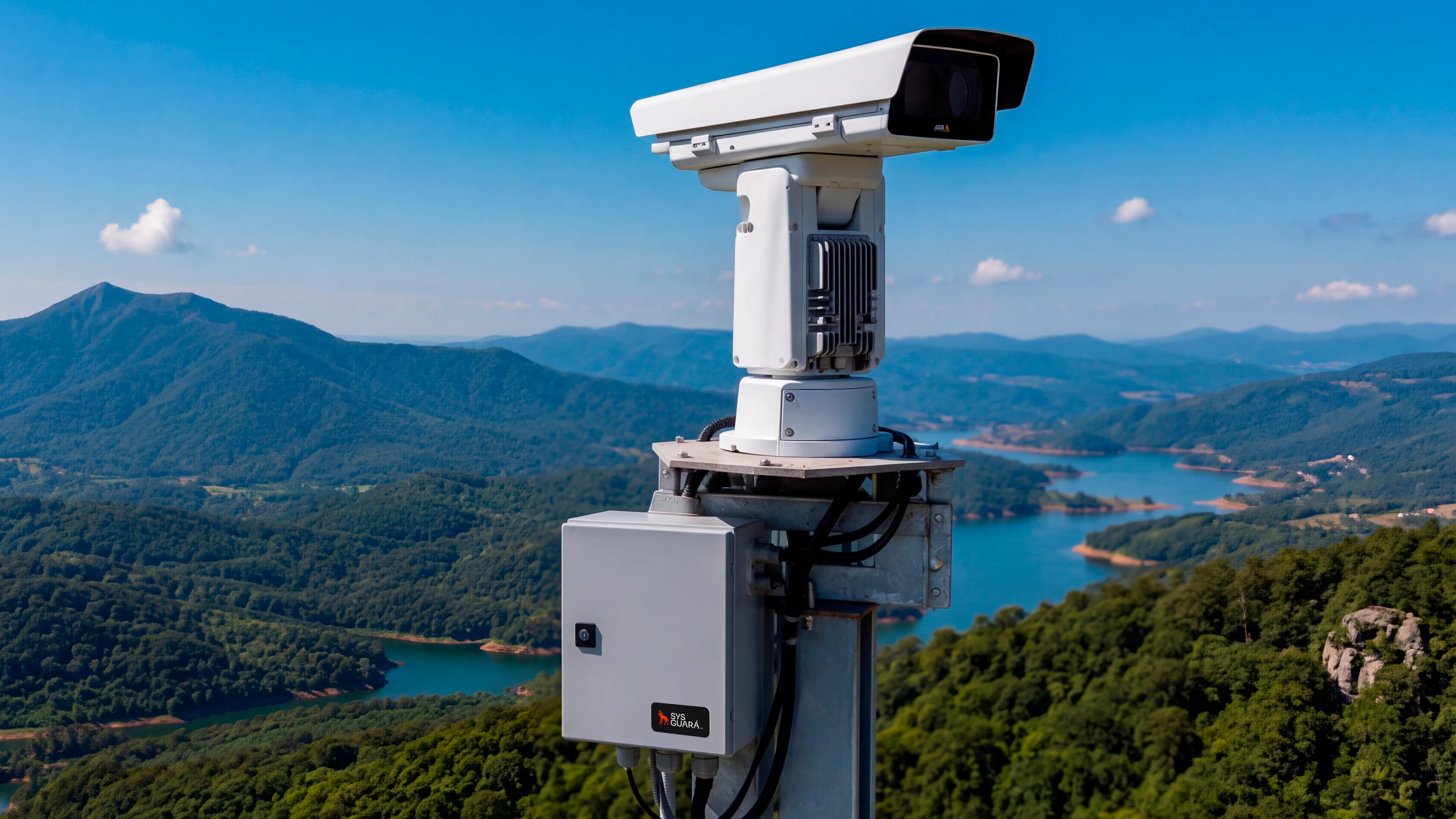 Câmera PTZ do SYSGuará instalada em torre, com vista para um vale de mata e represa