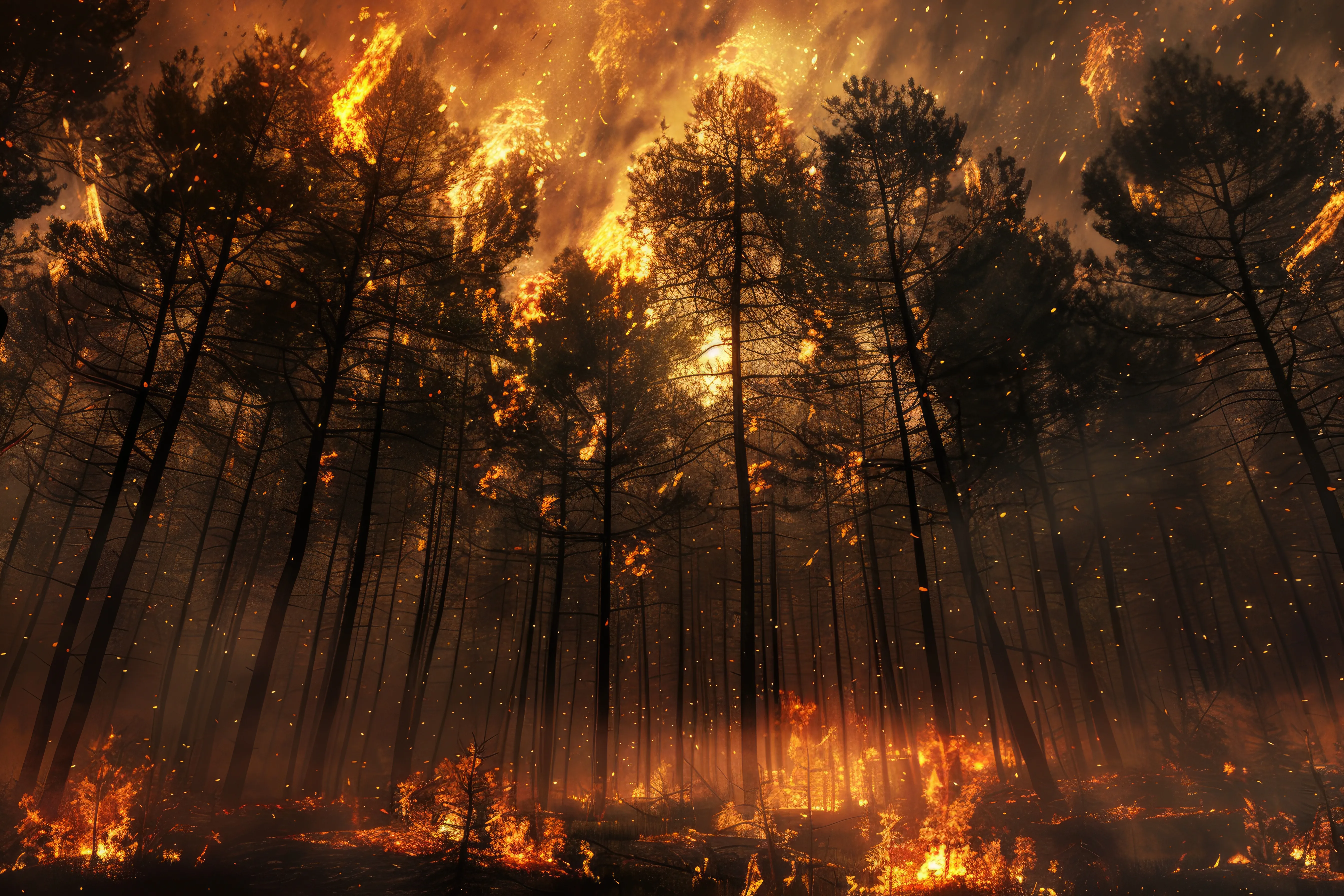 Incêndio avançando sobre a copa das árvores em uma floresta de pinus